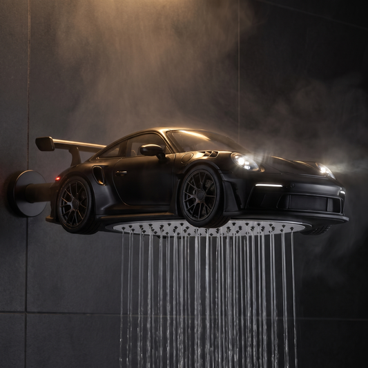TorqueRain Black GT at night with the headlights glowing
